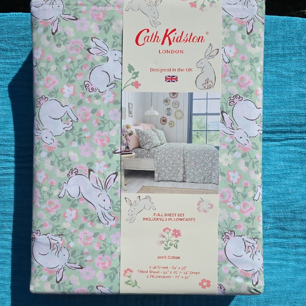Cath Kidston Green Pink Bunny Floral Full Sheet Set 100% Cotton Spring Easter